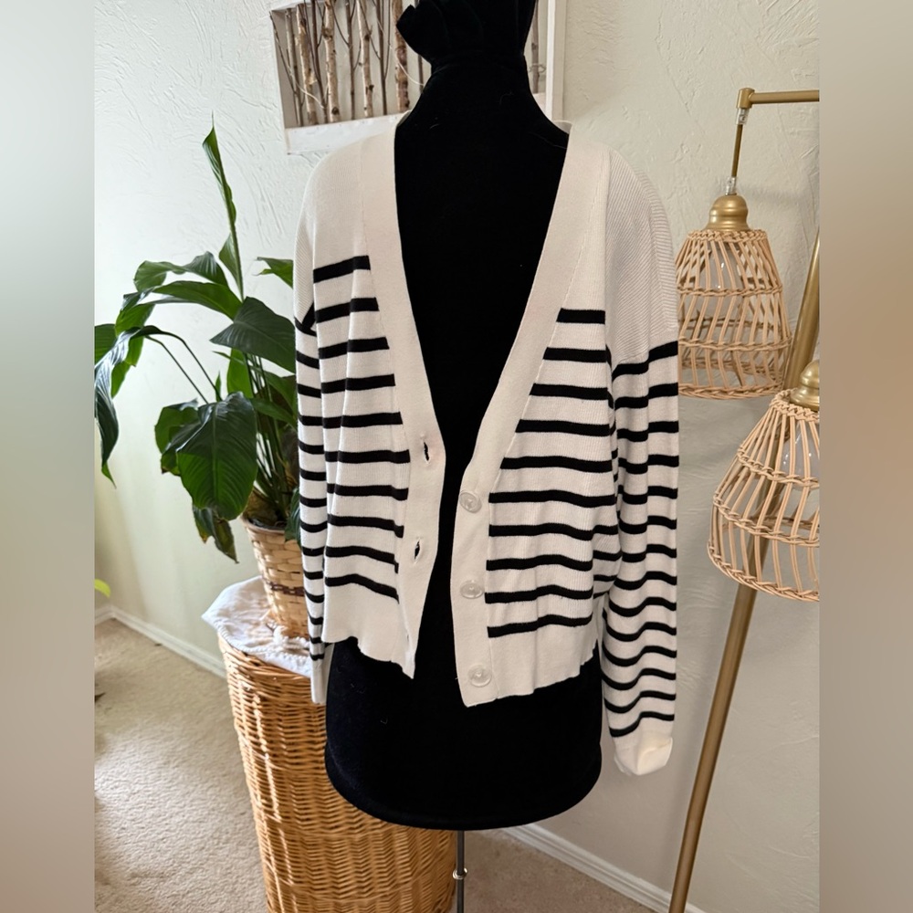 LOFT Black and White Striped Cardigan